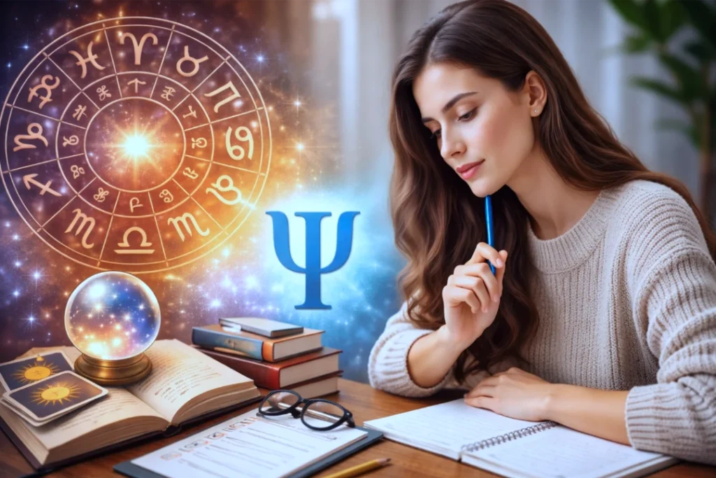 Persona leyendo un horóscopo mientras reflexiona sobre el concepto de psicología y creencias personales.