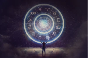 Imagen conceptual de astrología y psicología con símbolos zodiacales.