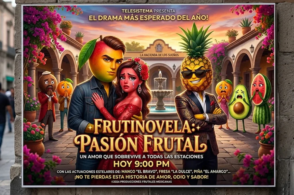 Las frutinovelas son microhistorias protagonizadas por frutas humanizadas que viven conflictos emocionales intensos.
