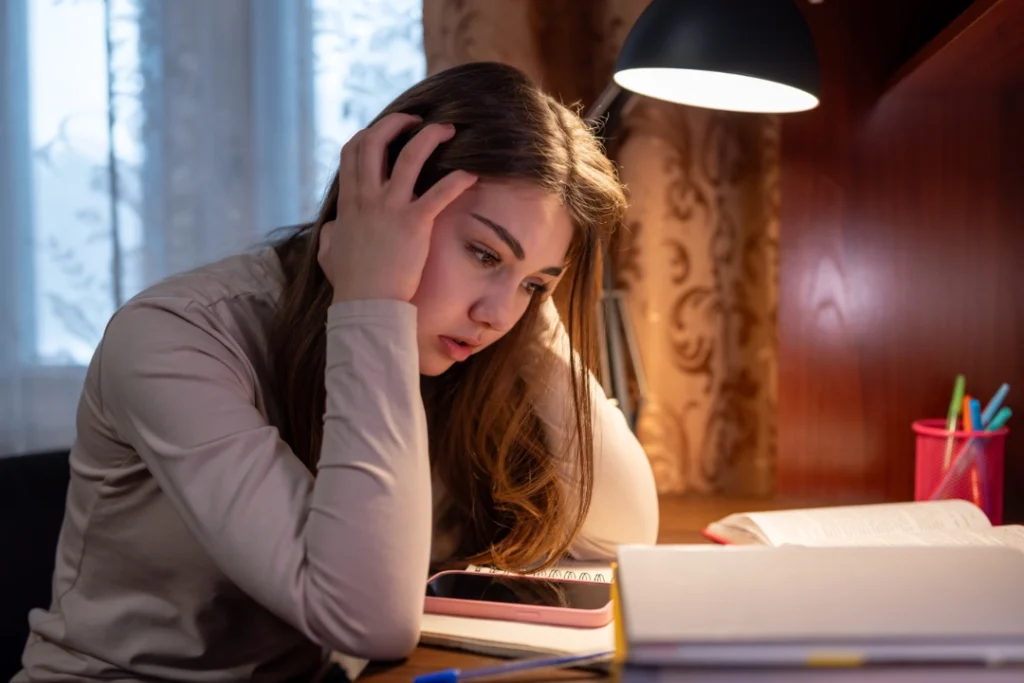 Alumna con deuda cognitiva analizando información como ejemplo de pensamiento crítico en la educación.