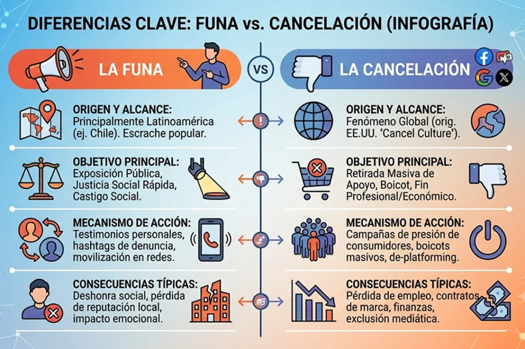 La funa es la exposición pública y la cancelación es la reacción colectiva que puede surgir después.