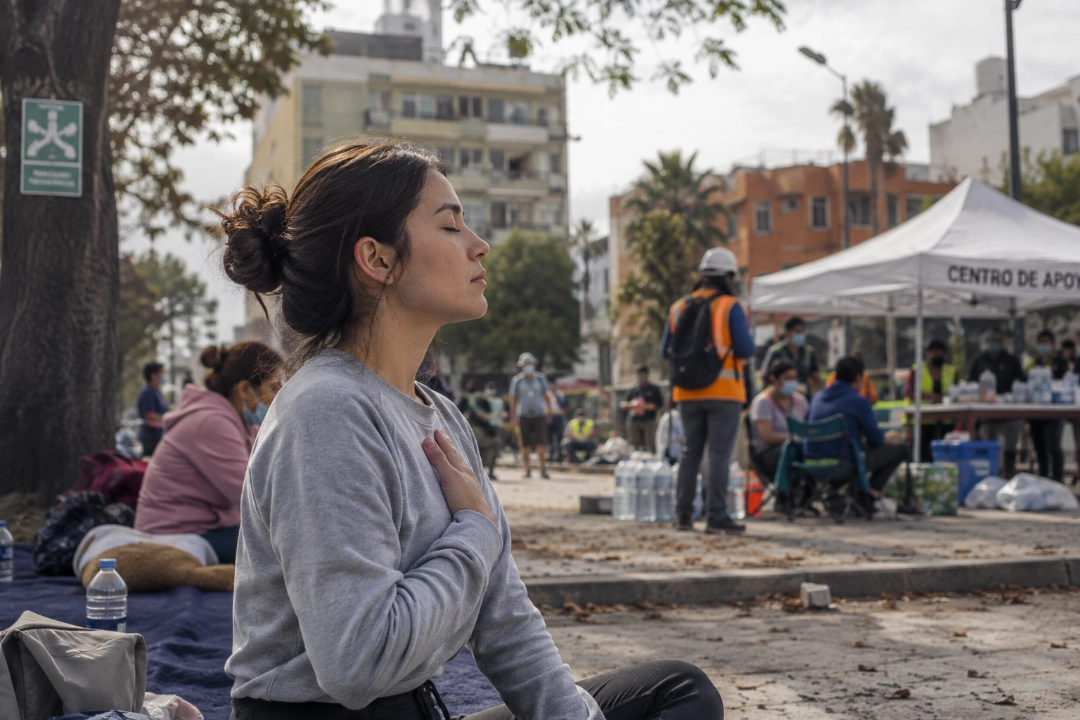 Persona afrontando emocionalmente un fenómeno natural.