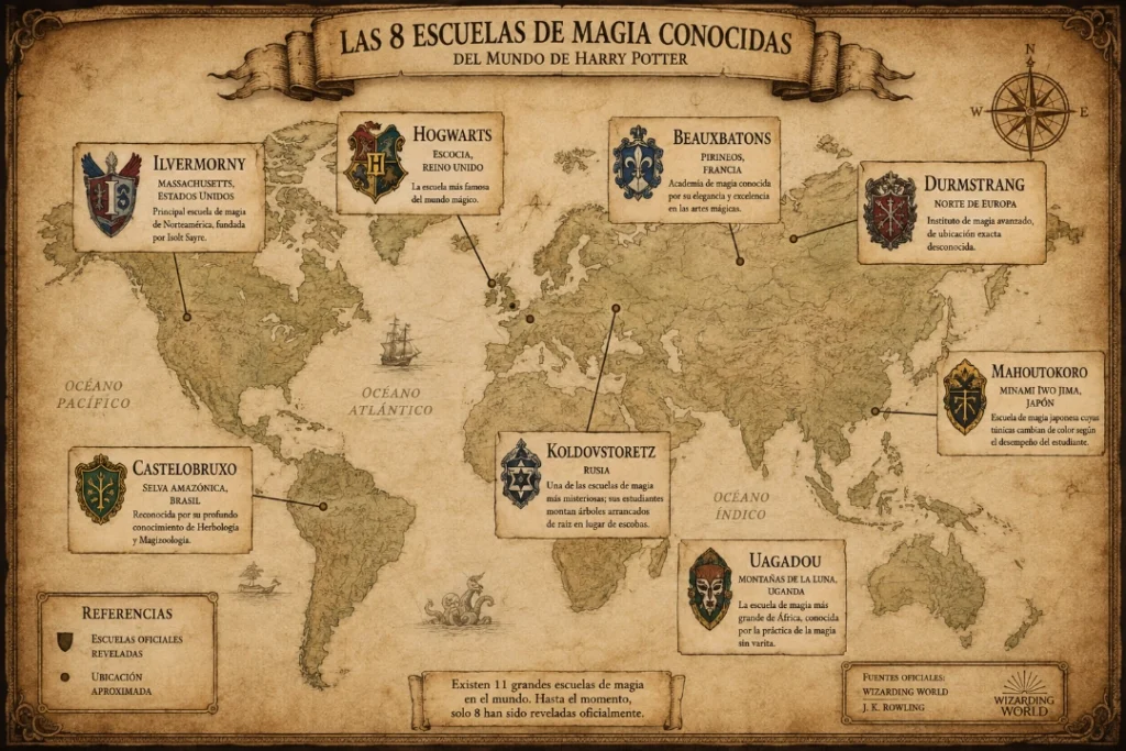 Mapa ilustrado con las ocho escuelas de magia oficialmente conocidas del universo de Harry Potter y su ubicación aproximada en el mundo.